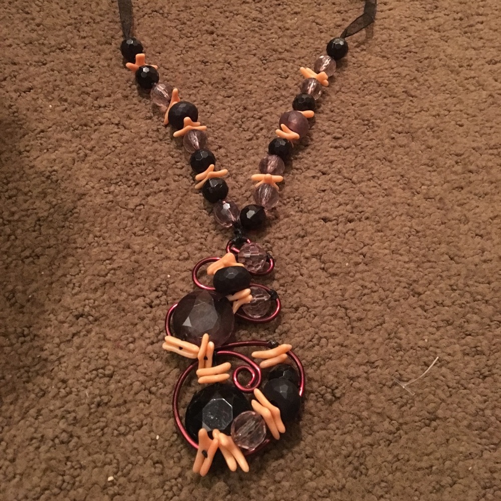 Black and coral crystal necklace